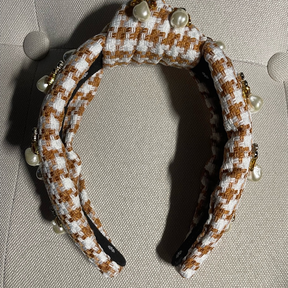 Lele Sadoughi Brown and White Pearl Embellished Headband